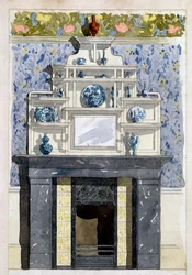 Chimenea con espejo y estantes de exhibición en estilo estético, c.1870s